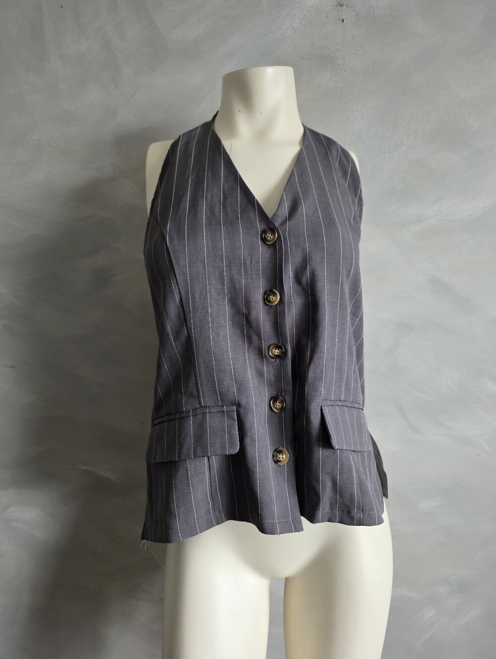 Gray Pinstripe Halter V-neck button-down Waistcoat Back Smocking Sz XL
